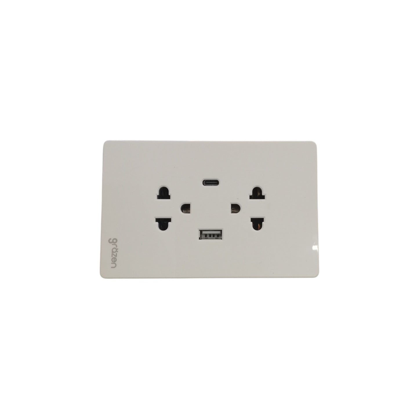Grazen 2 gang outlet with USB-C and USB-A in white with universal power sockets