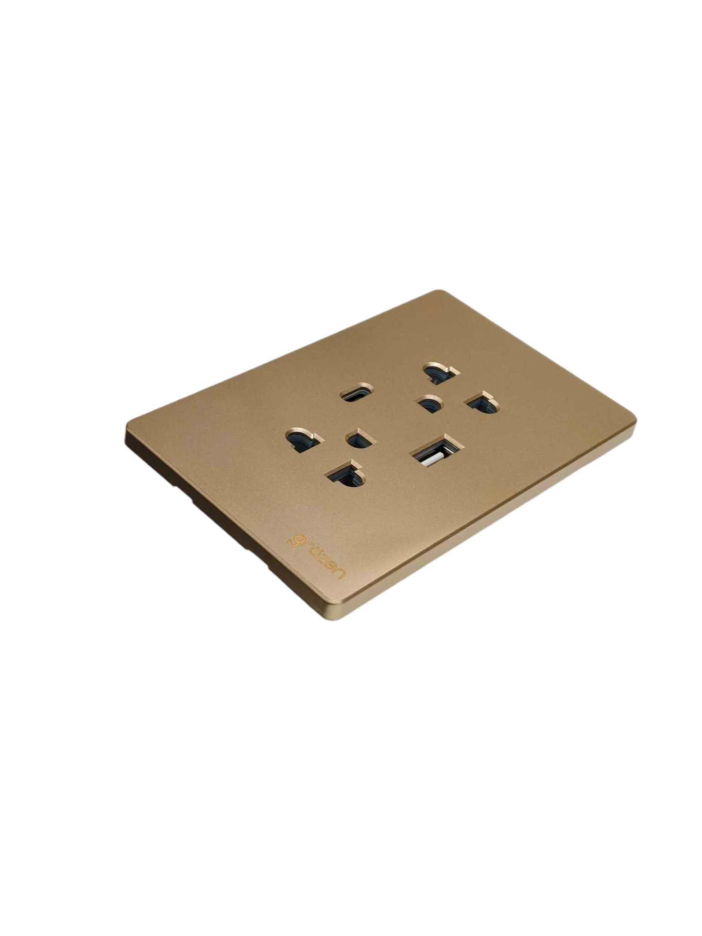 Grazen 2 gang outlet with USB-C and USB-A in gold color for versatile charging and power