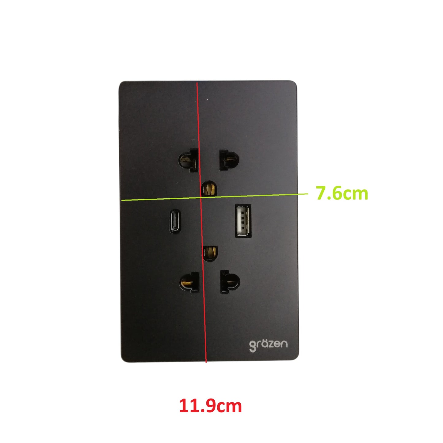 Grazen 2 gang outlet with USB-C and USB-A in black with dimensions 11.9cm by 7.6cm