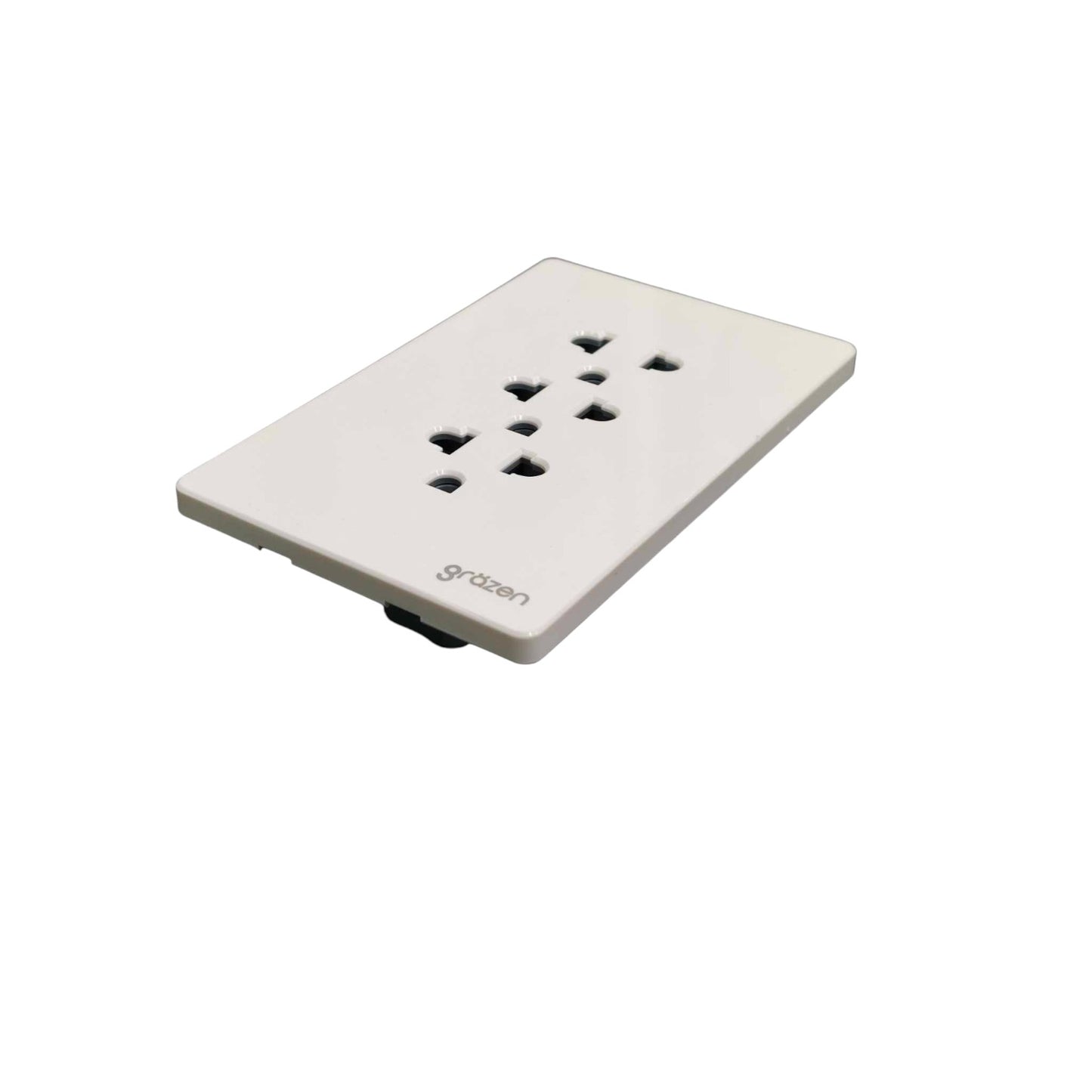 A white plastic multi-outlet power strip with six outlets, shown at an angle on a plain white background.