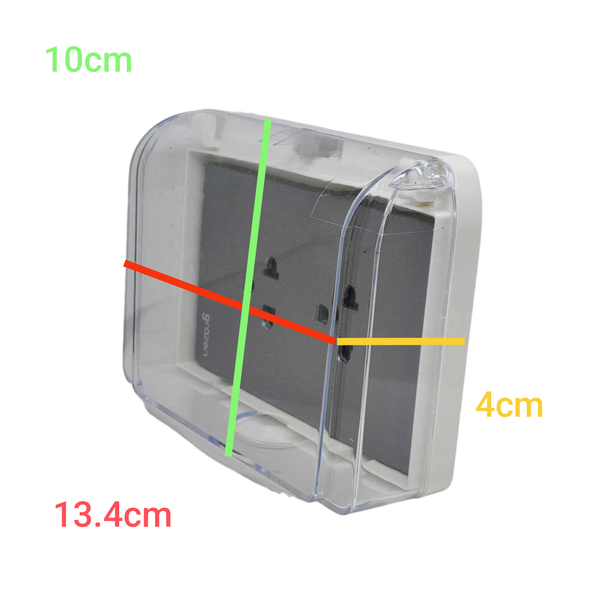 Grazen Weatherproof Duplex outlet 16A with clear protective cover and dimensions for outdoor use