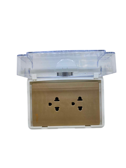 Grazen Weatherproof Duplex outlet 16A with a clear protective cover and multiple sockets for outdoor use