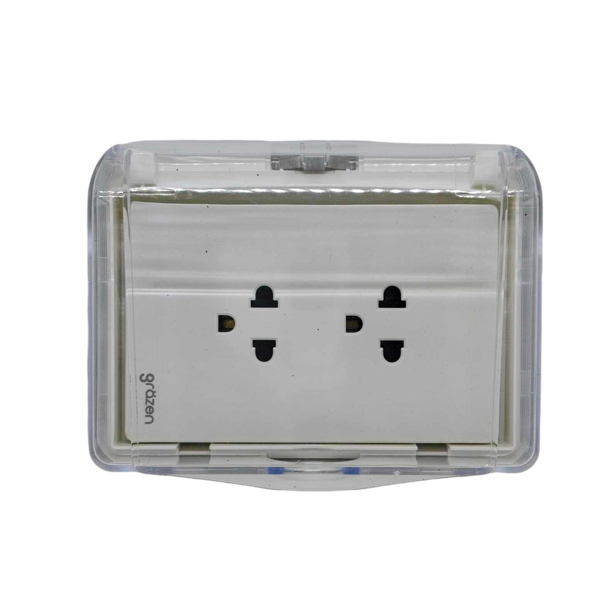 Grazen Weatherproof Duplex outlet 16A in a clear protective casing for outdoor use