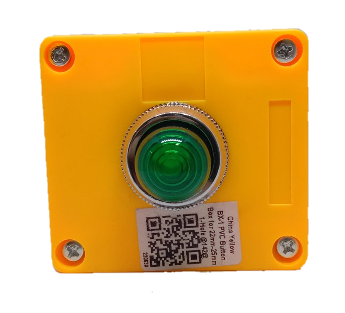 Auspicious green pilot lamp with enclosure mounted on a yellow square plastic box with screws