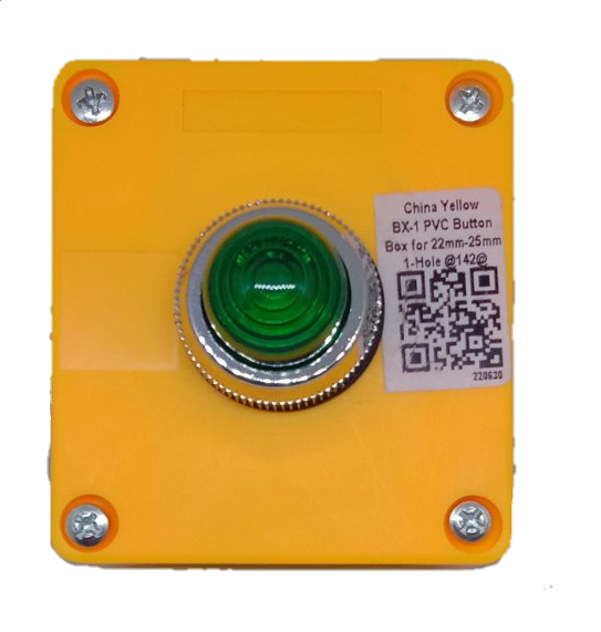 Auspicious green pilot lamp with enclosure mounted on a yellow BX-1 PVC button box with screws