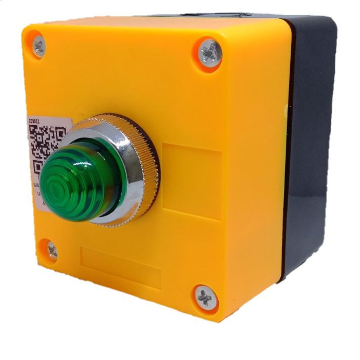 Auspicious green pilot lamp with enclosure featuring a yellow and black protective box for power points and switches