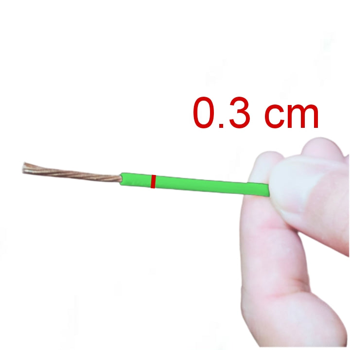 Hand holding green THHN THWN wire 1 meter with exposed copper strands and 0.3 cm diameter marking