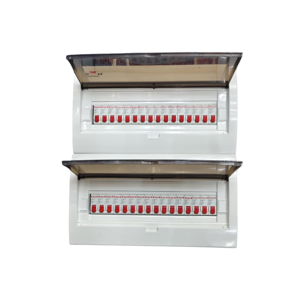 HDB Type Miniature Circuit Breaker electrical panel with multiple red switches by Himel and ZY