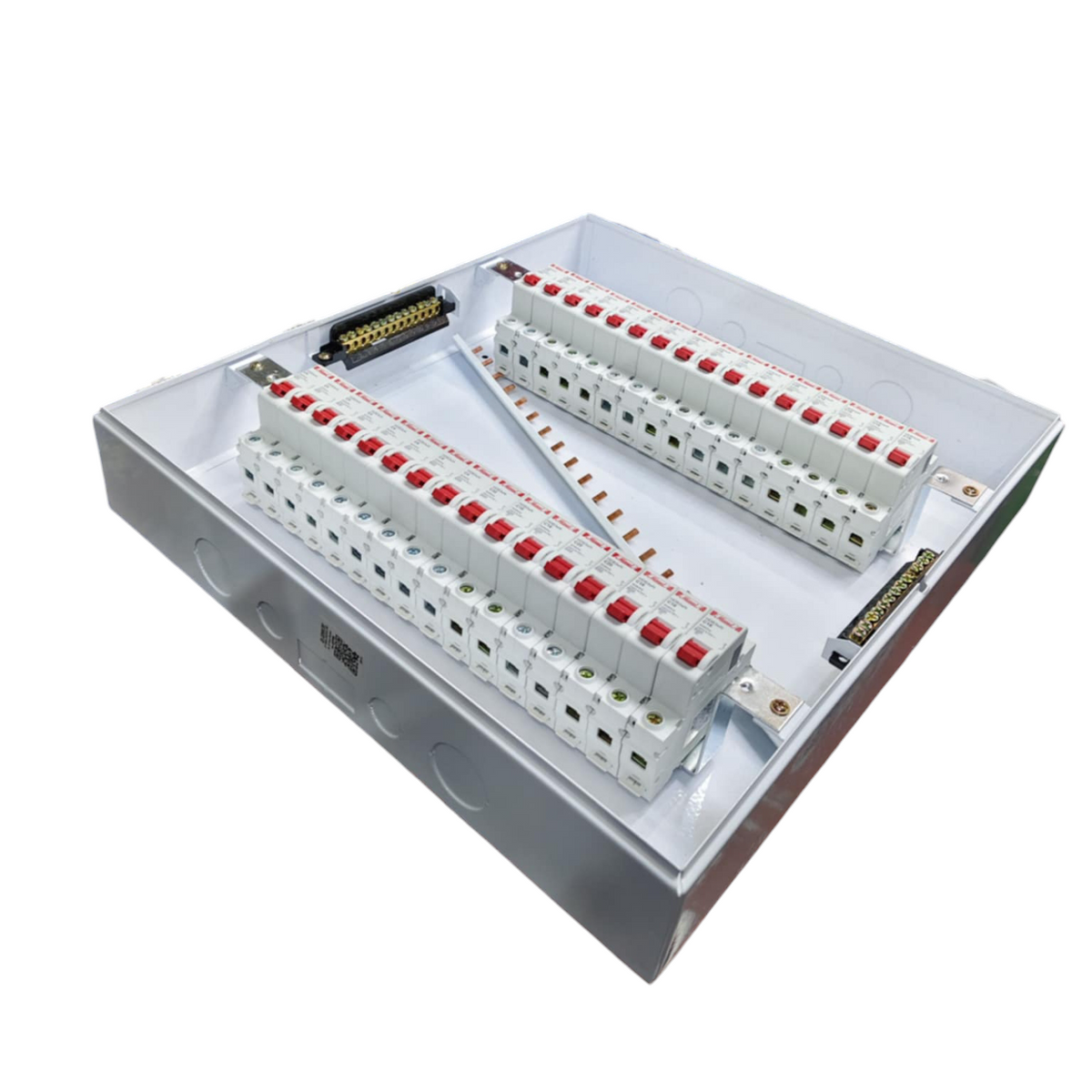 HDB Type Miniature Circuit Breaker electrical panel with multiple breaker switches by Himel and ZY