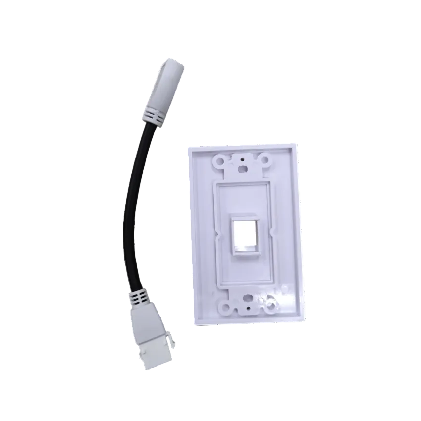 Grippes HDMI wall outlet with cord featuring white faceplate and black HDMI extension cable