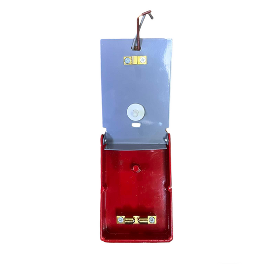 Hellux 220V fire alarm pull switch in red and gray metal casing with wiring and mounting components