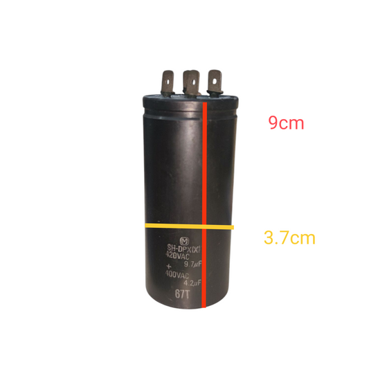 High voltage dual run capacitor 420V 400V with dimensions 9cm height and 3.7cm diameter
