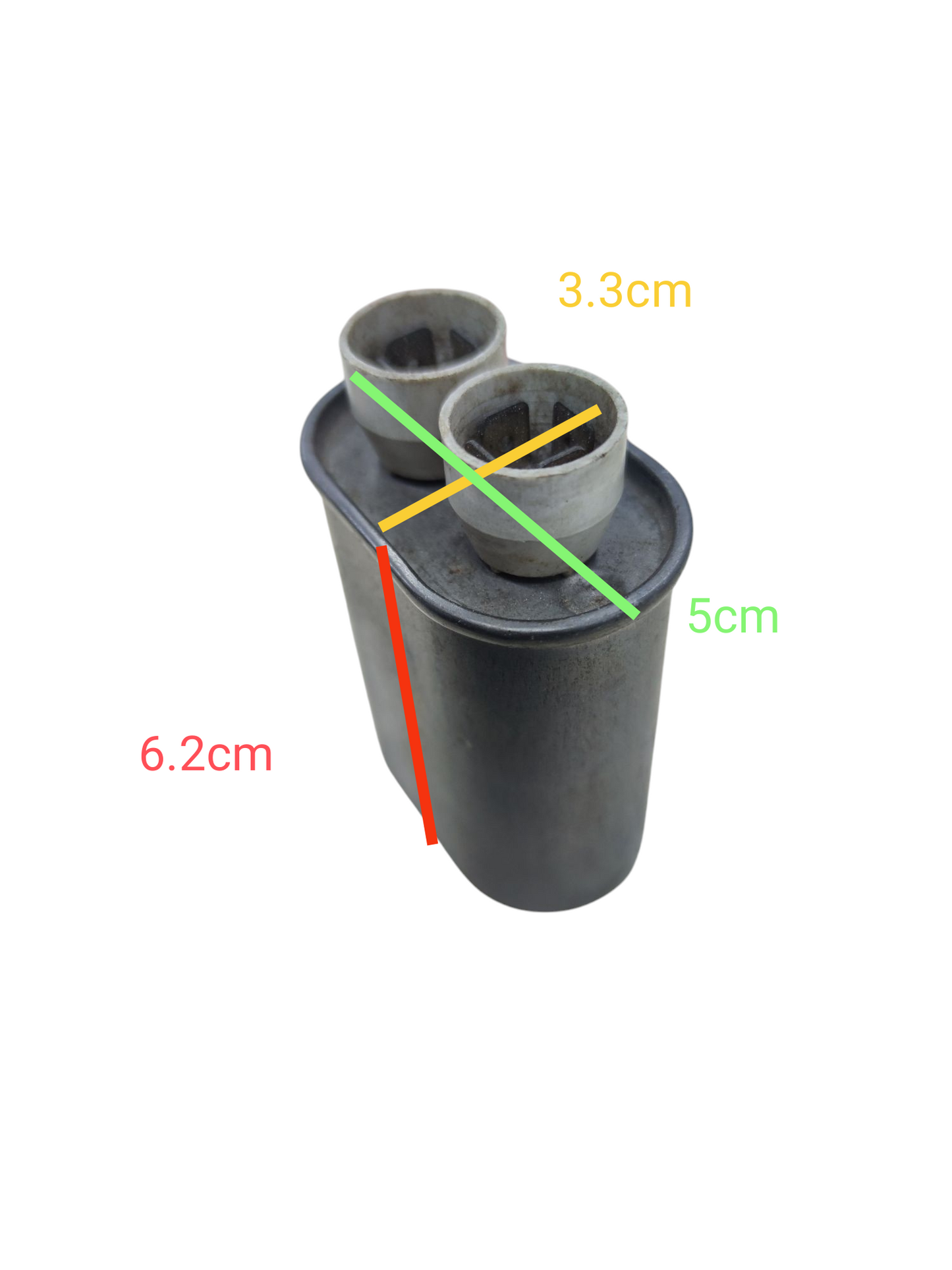 High voltage microwave capacitor with dimensions showing length and width for easy installation