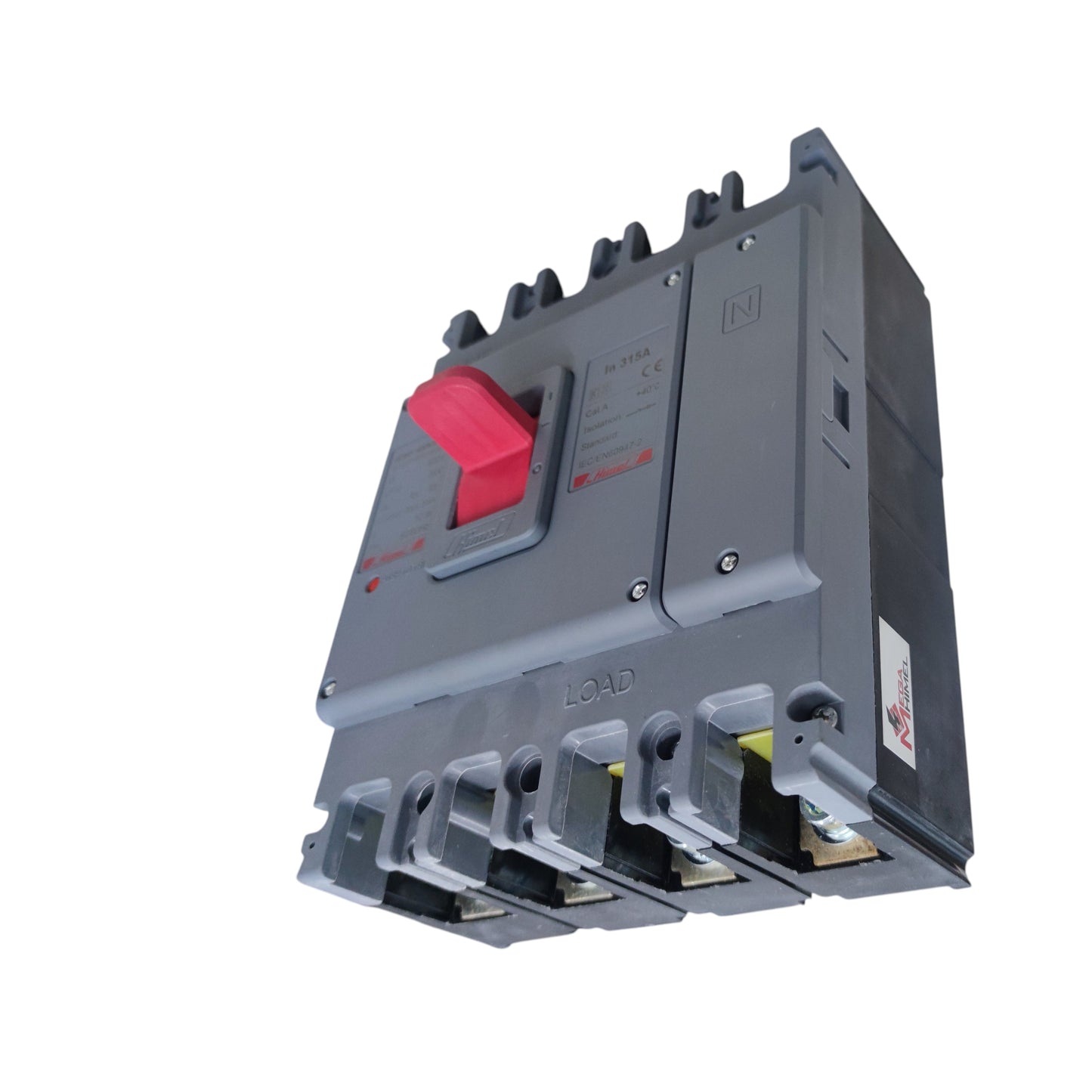 Himel 315A 4 Pole 220V 70 KAIC 400V breaker switch with red handle and durable gray casing