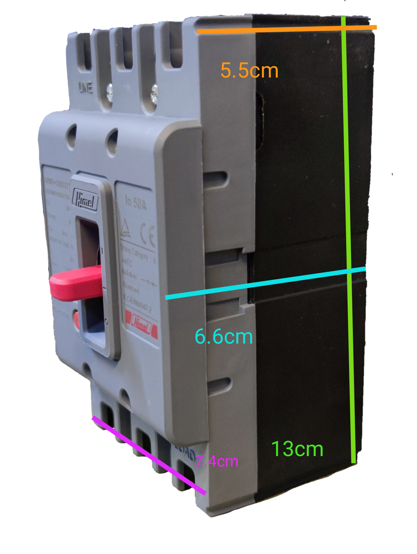 Himel 32A 3 pole circuit breaker with labeled dimensions for easy installation and use