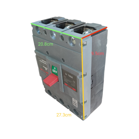 Himel 700A 3 Pole Industrial Circuit Breaker with red switch and detailed electrical connections