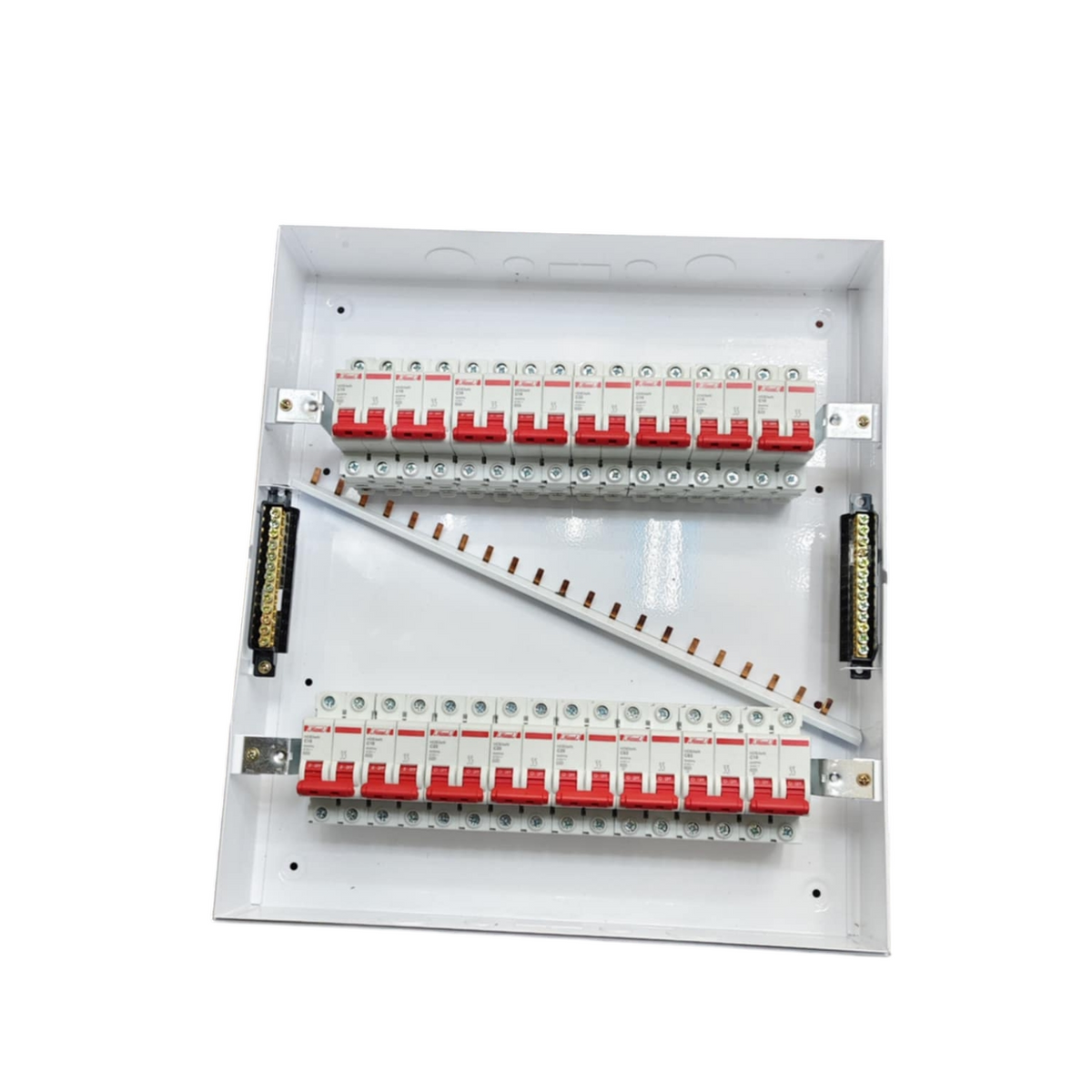 Himel Breakers Panel Board 63A 2 Pole Main electrical circuitry with red switches and white casing