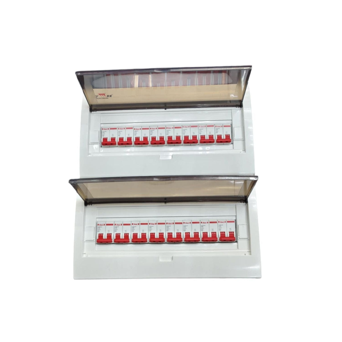 Himel Breakers Panel Board 63A 2 Pole Main with multiple red switches and transparent covers