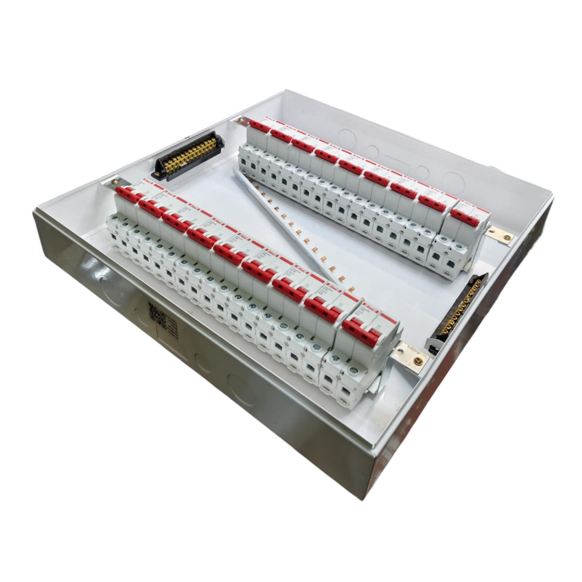 Himel 17 branch 2 pole circuit breaker distribution box with dual rows of red toggle breakers mounted on DIN rails