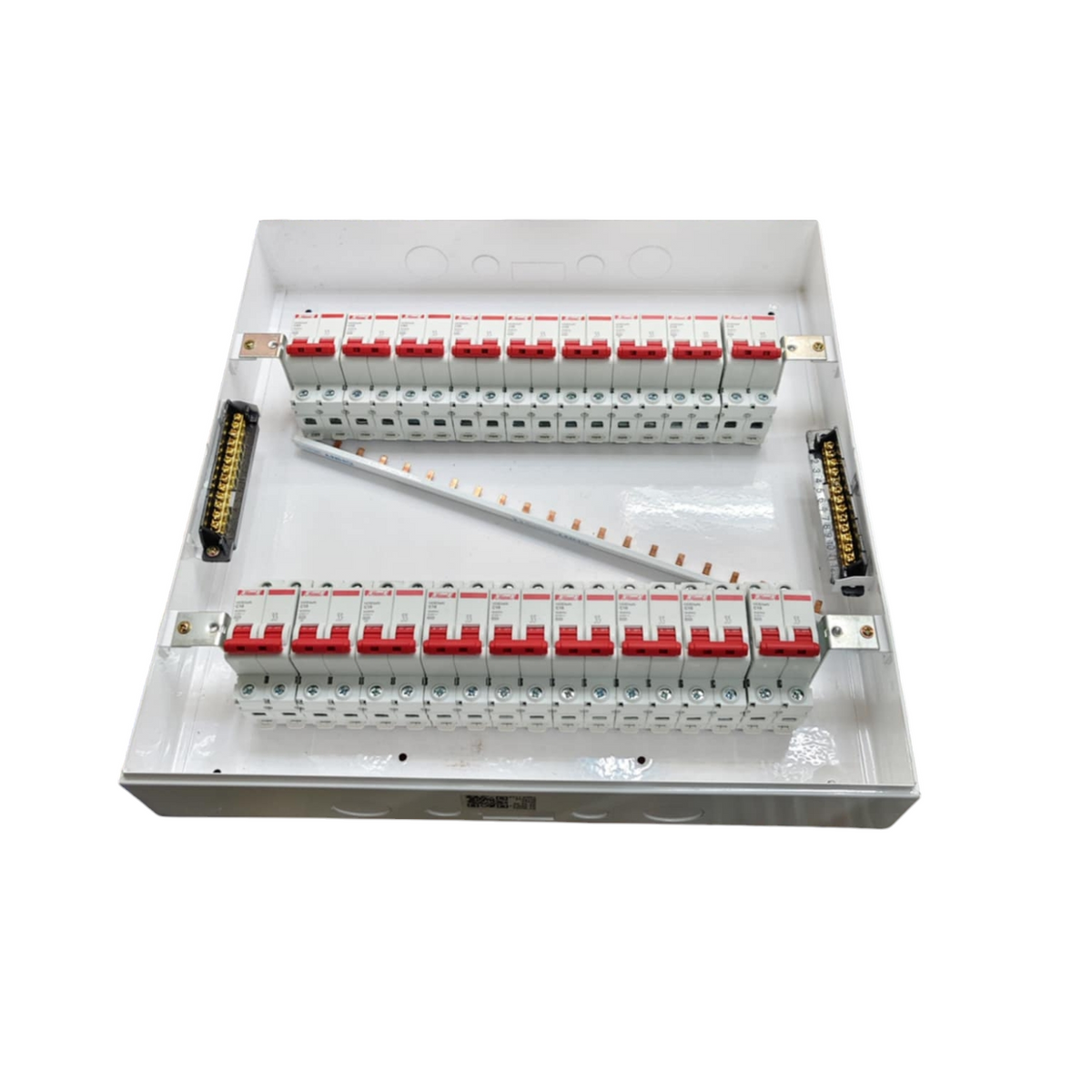 Himel and ZY white distribution panel with two rows of red toggle breakers and bus bars Himel 17 branch 2 pole circuit breaker