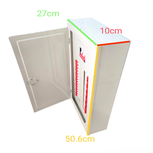 White metal electrical enclosure with open hinged door showing red breakers and dimensions labeled Himel 2 pole MCB panel board