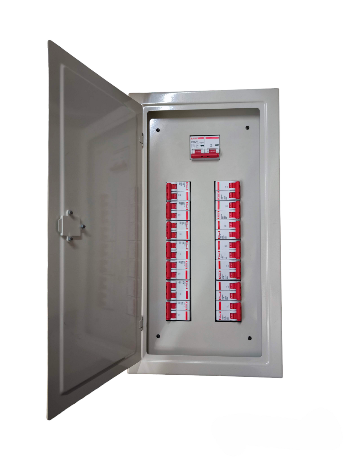 Himel 2 pole MCB panel board open metal enclosure with rows of red toggle MCBs and top main breaker