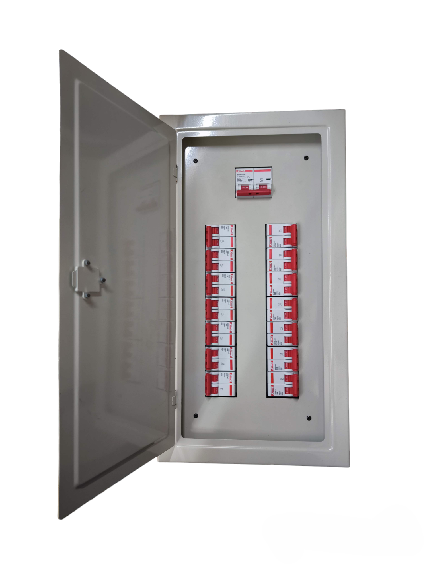 Himel 2 pole MCB panel board open metal enclosure with rows of red toggle MCBs and top main breaker