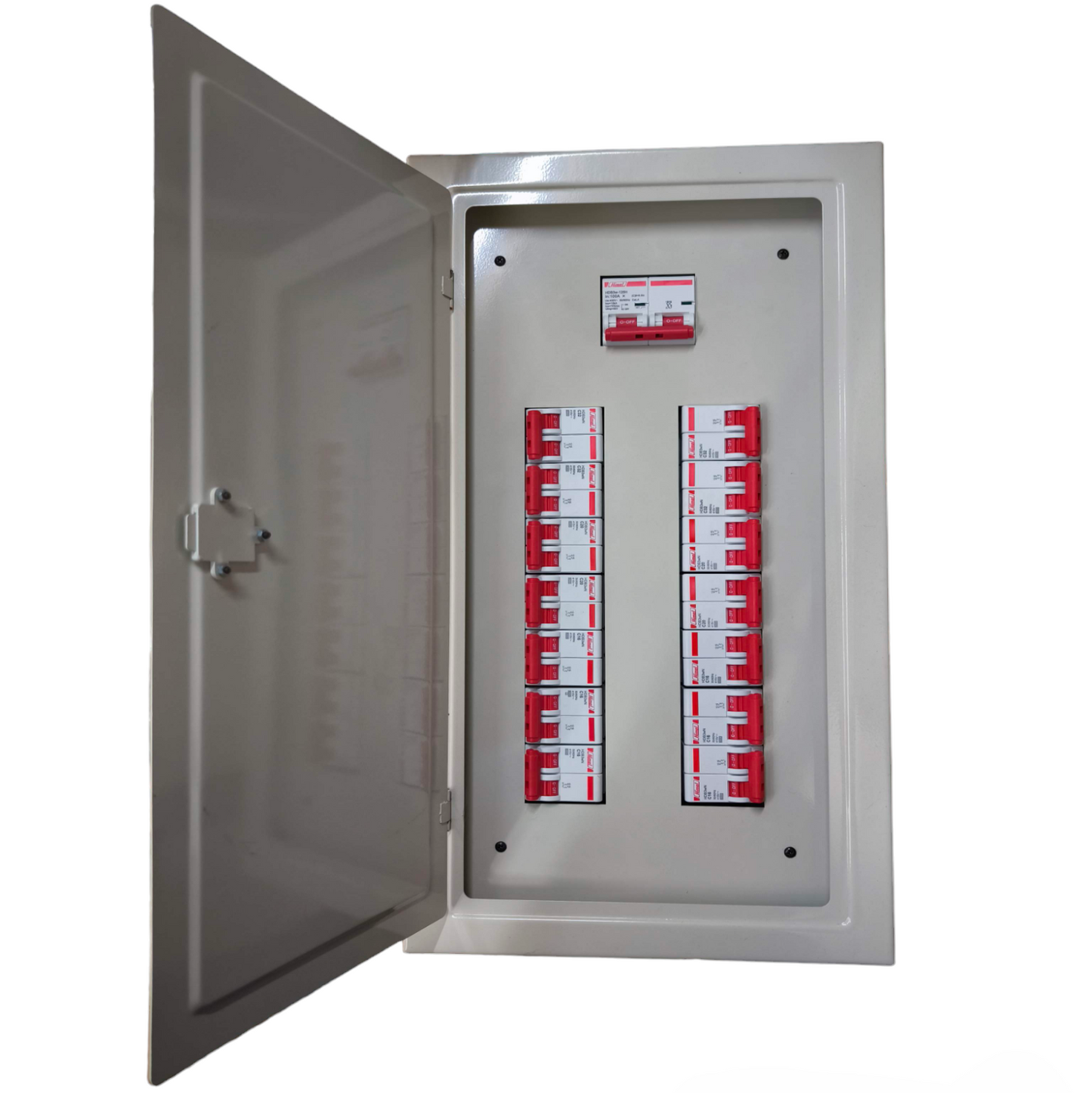 Himel 2 pole MCB panel board open metal enclosure with rows of red toggle MCBs and top main breaker