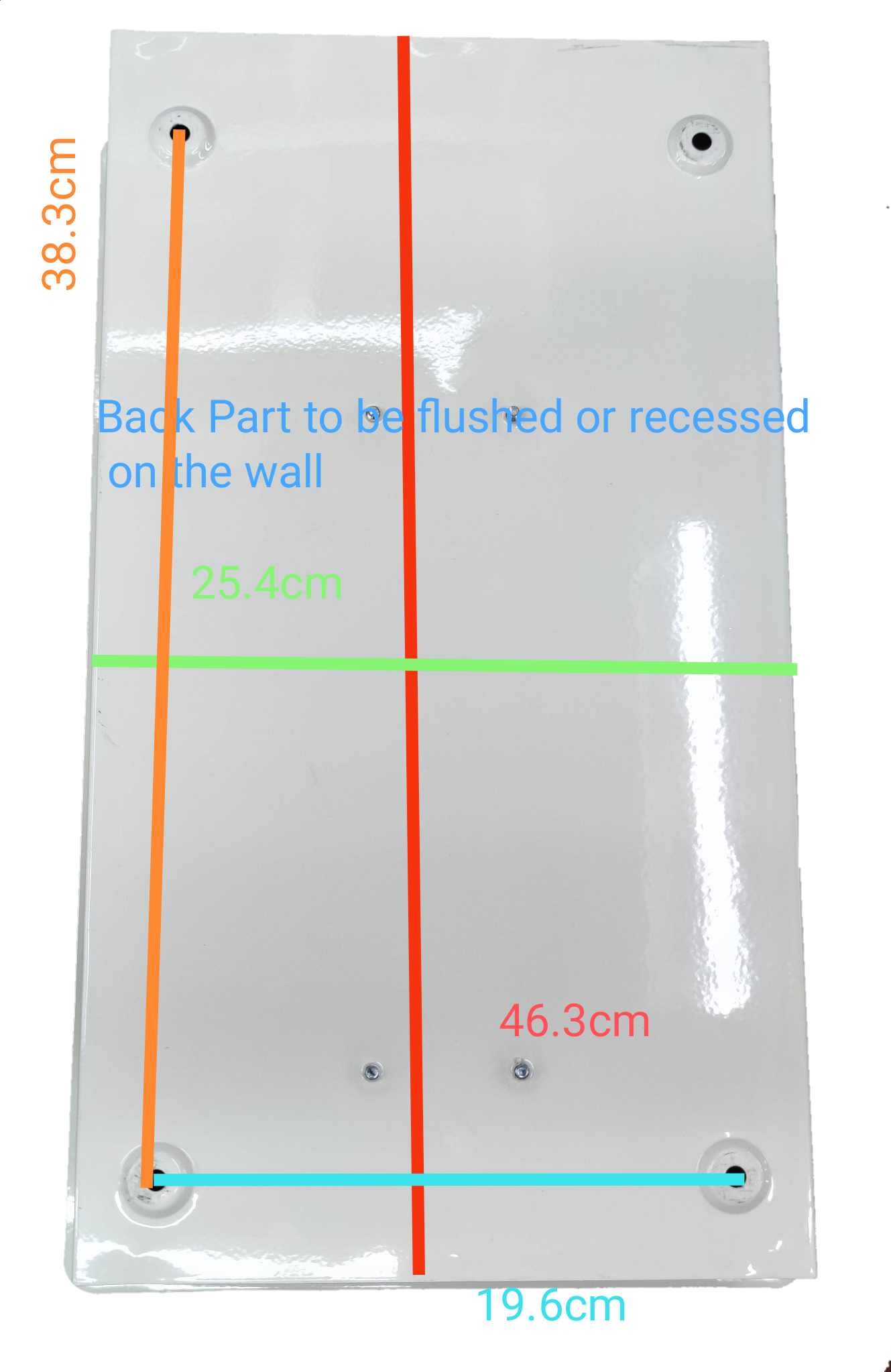 Himel 80A 2 pole circuit breaker panel white metal back plate with four mounting holes and dimension markings