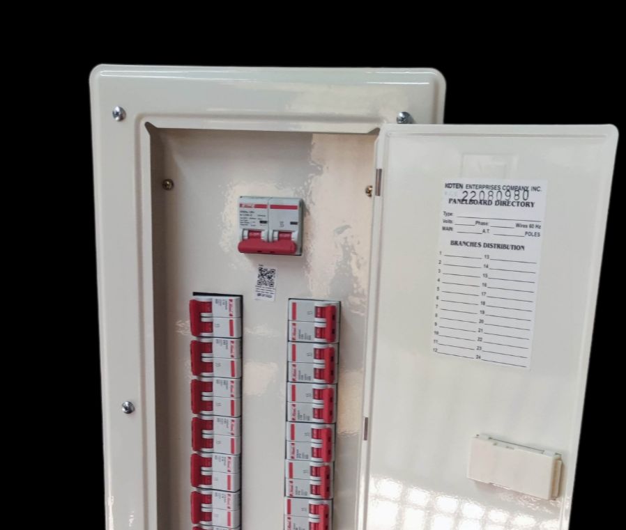 Himel 80A 2 pole circuit breaker panel by Koten and Himel open white enclosure with red breakers and door directory