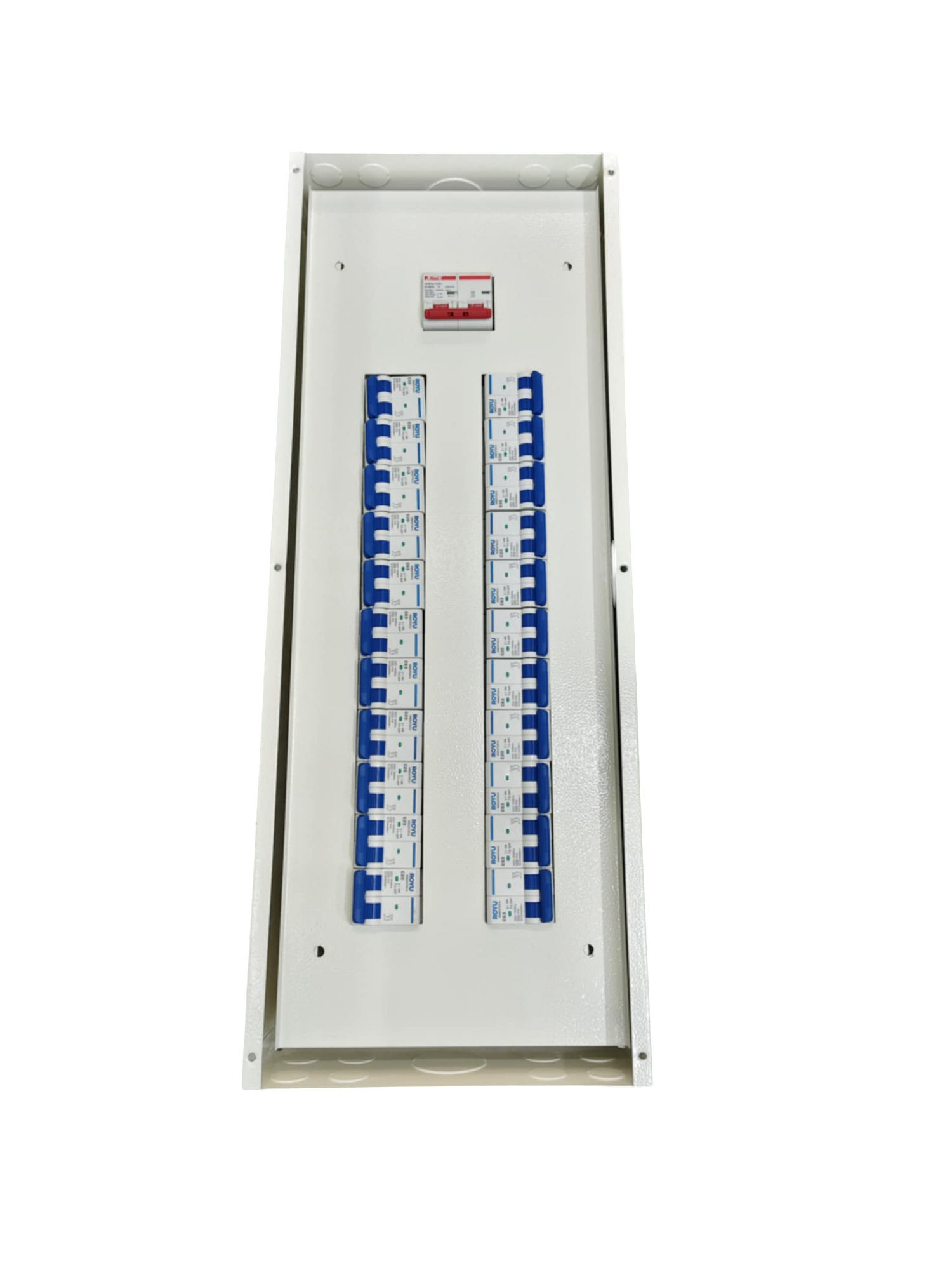 Panel Board 80A 2 Pole Main Himel white electrical circuit board with multiple switches