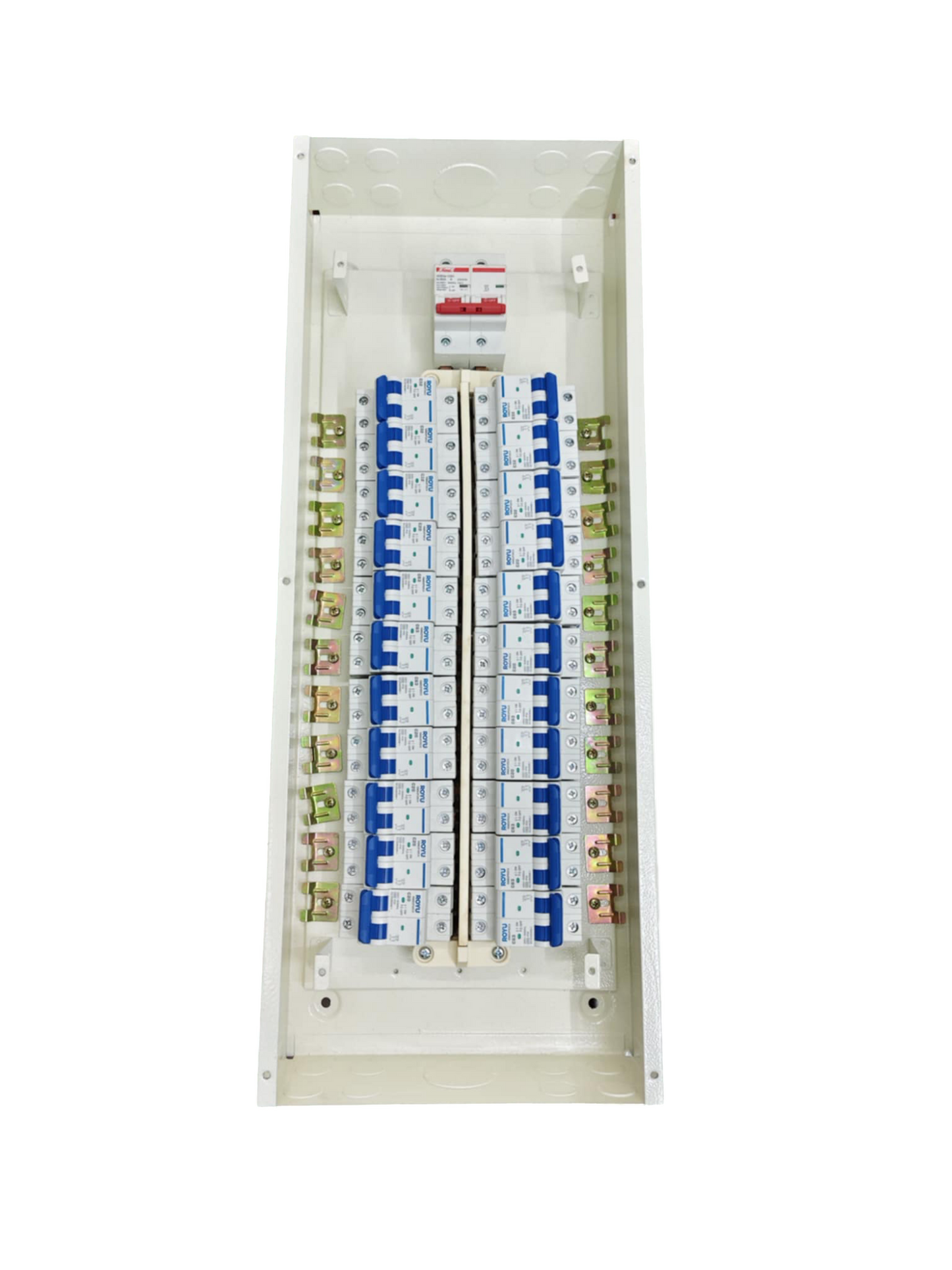 Panel Board 80A 2 Pole Main Himel electrical circuit breaker panel with multiple switches and white casing