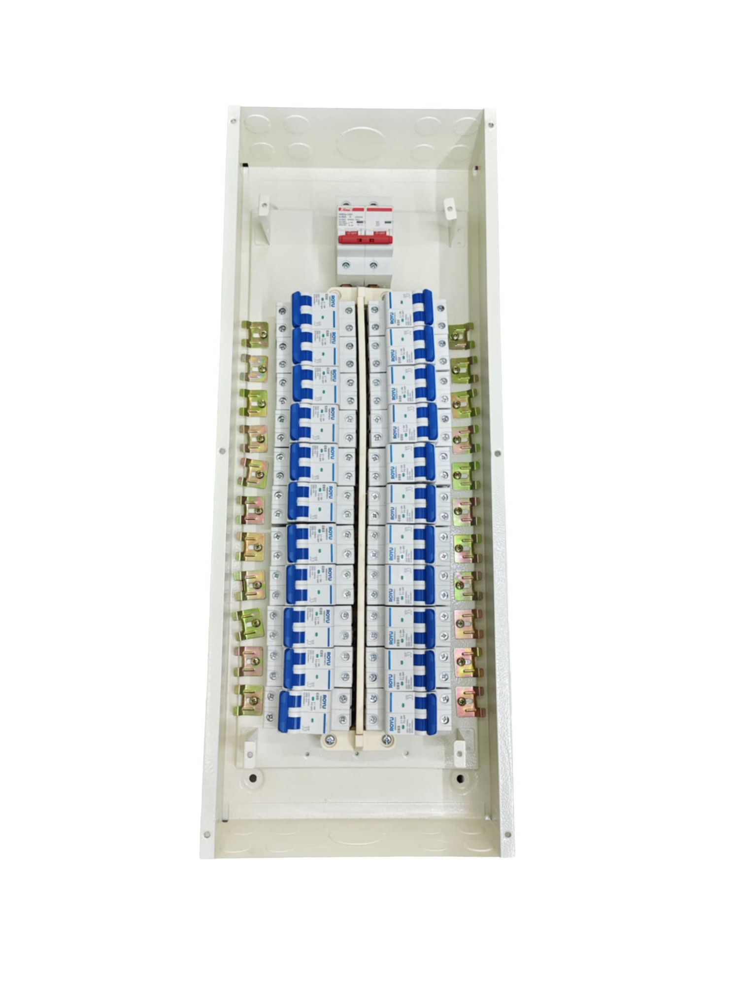 Panel Board 80A 2 Pole Main Himel electrical circuit breaker panel with multiple switches and white casing