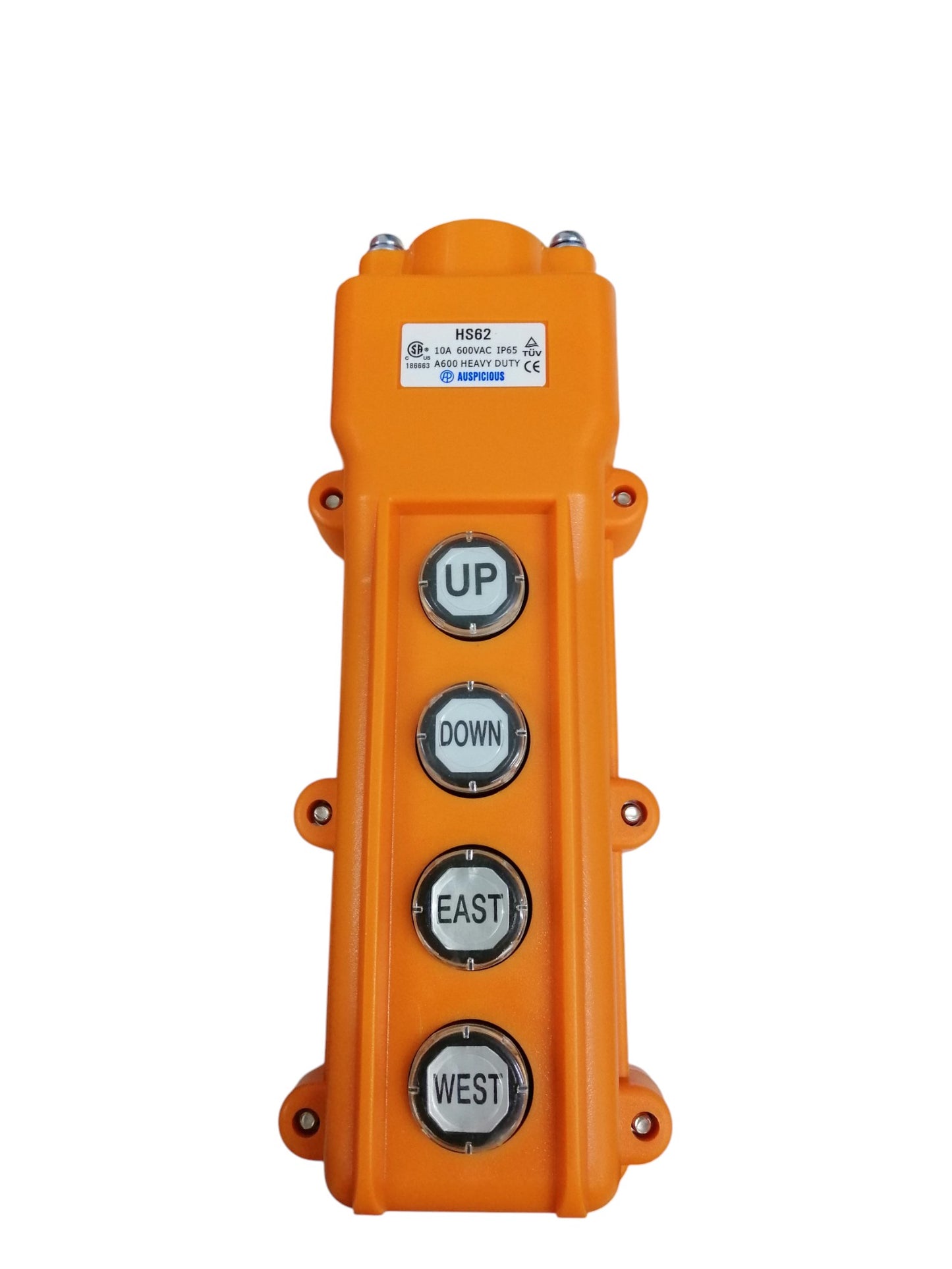 Auspicious Hoist Pushbutton Switch Rainproof with orange casing and four labeled buttons for up down east west