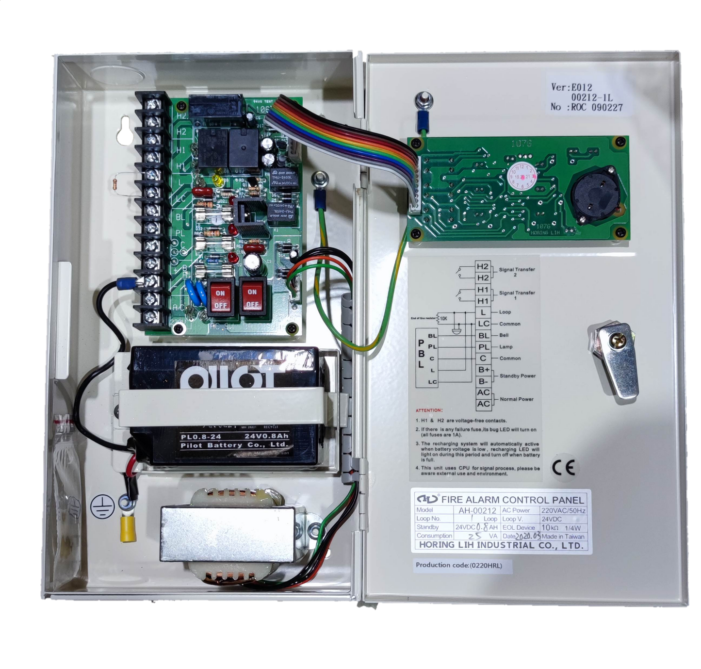 Horing Lih 1 Zone Fire Control Panel with internal circuit board and battery for fire alarm systems