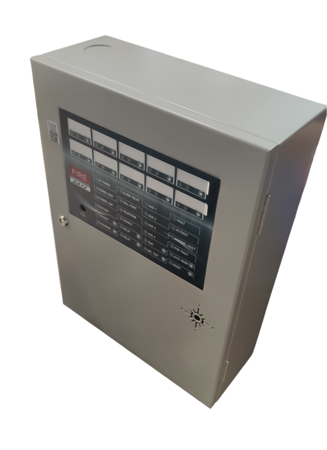 Horing Lih 10 zones fire alarm control panel in gray with labeled indicator lights and status display