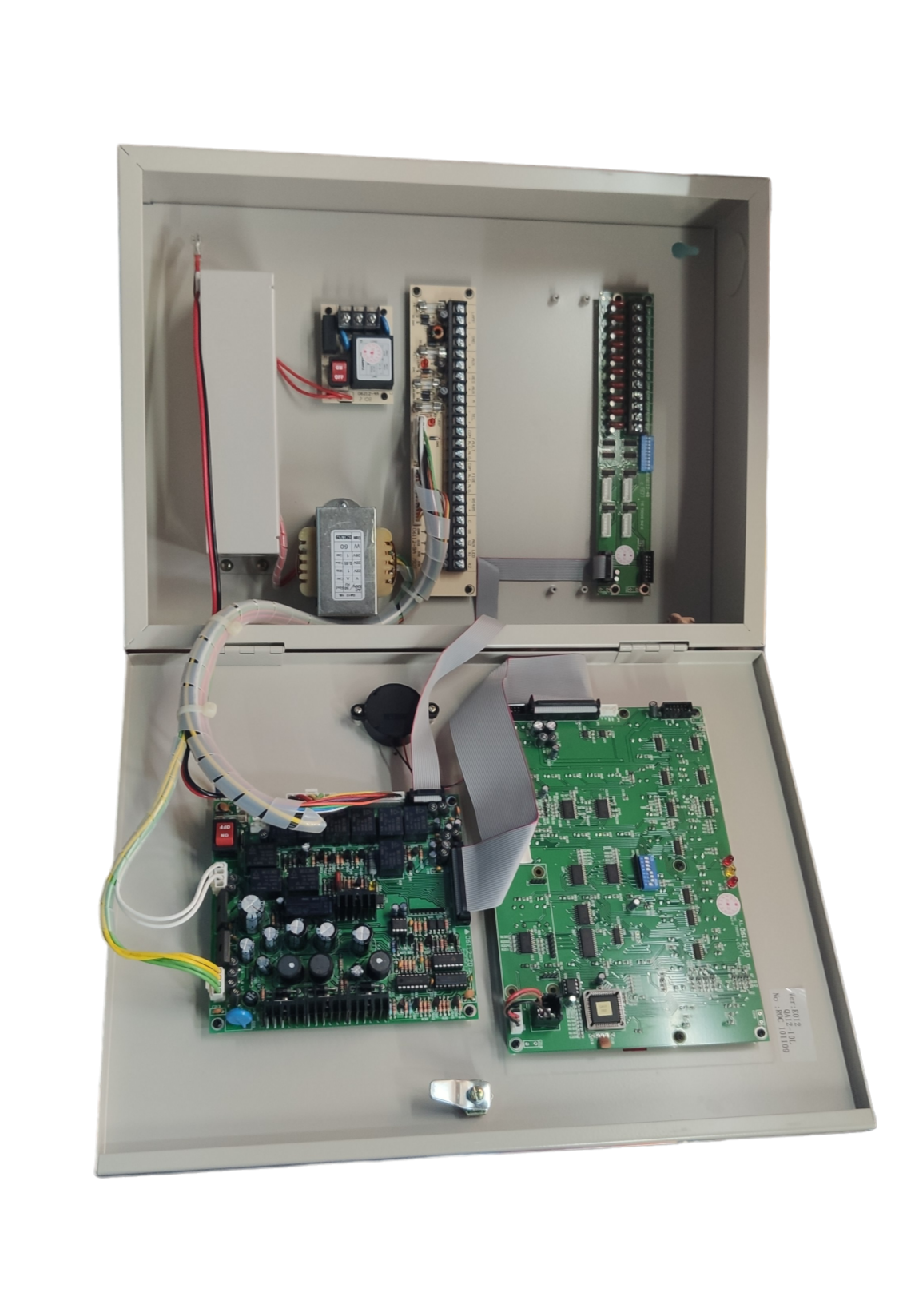 Horing Lih 10 zones fire alarm control panel with open metal casing showing circuit boards and wiring