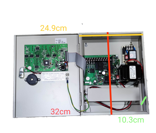 Horing Lih 5 Zones Fire Control Panel showing internal circuit boards and wiring inside metal enclosure