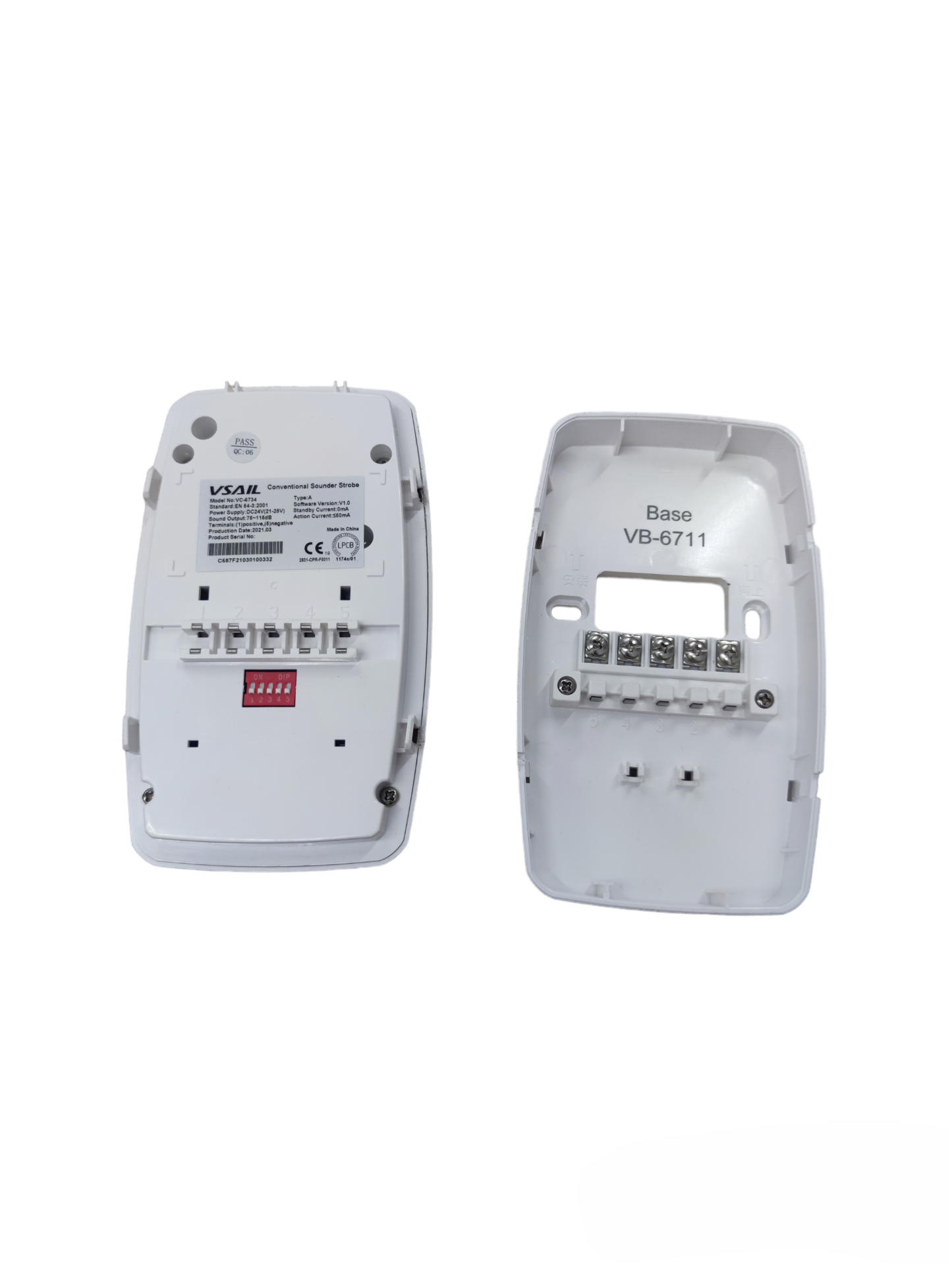 VSAIL Horn Strobe 24VDC VC-6734 fire alarm detector with separate base unit shown from back