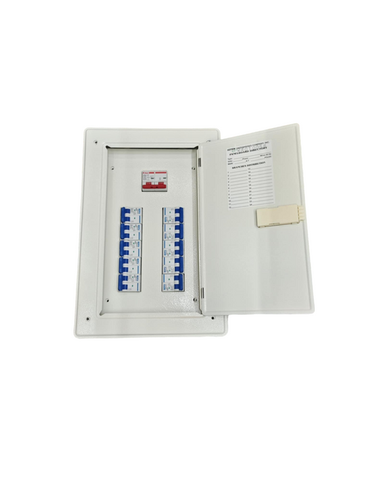 White metal distribution box with open door showing blue MCBs 10 Branches Box for MCB with 125A Main. label visible