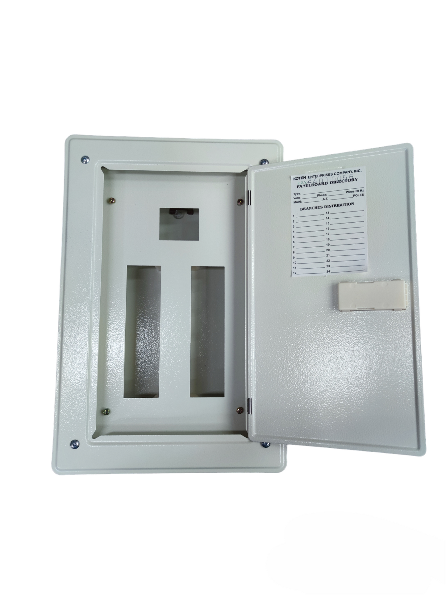 Koten and Himel 2 pole main 100A panel board white metal enclosure with hinged door two breaker slots and directory label