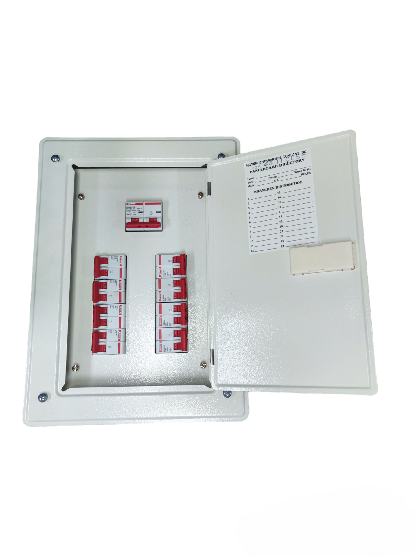 Koten and Himel 2 pole main 100A panel board white metal enclosure open with multiple circuit breakers
