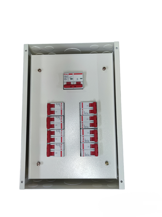 Koten and Himel 2 pole main 100A panel board with white metal enclosure and multiple red circuit breakers
