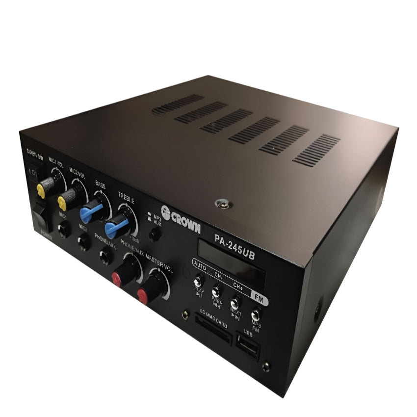Crown 245W Public Address Amplifier 12V DC or 220V AC PA-245UB Bluetooth USB/SD Port MP3 Input Build in Siren FM Tuner 2 Mic Input