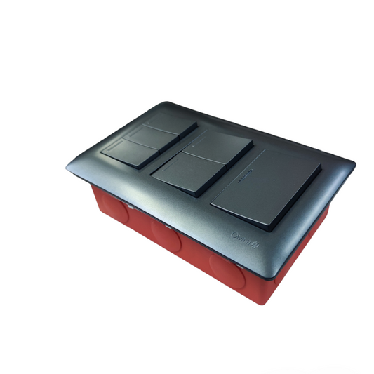 Omni illuminated 2 gang switch 16A 250V with sleek black faceplate and red mounting box