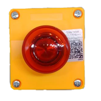 Auspicious illuminated emergency push button with red circular button on yellow square base