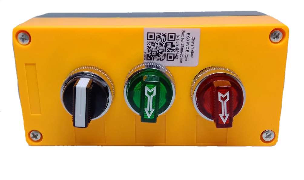 Auspicious illuminated selector switch 220V with black knob and green and red indicator lights on yellow panel