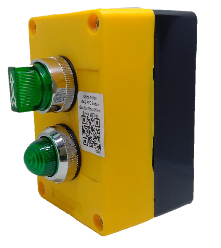 Auspicious illuminated selector switch green mounted on yellow and black industrial control box
