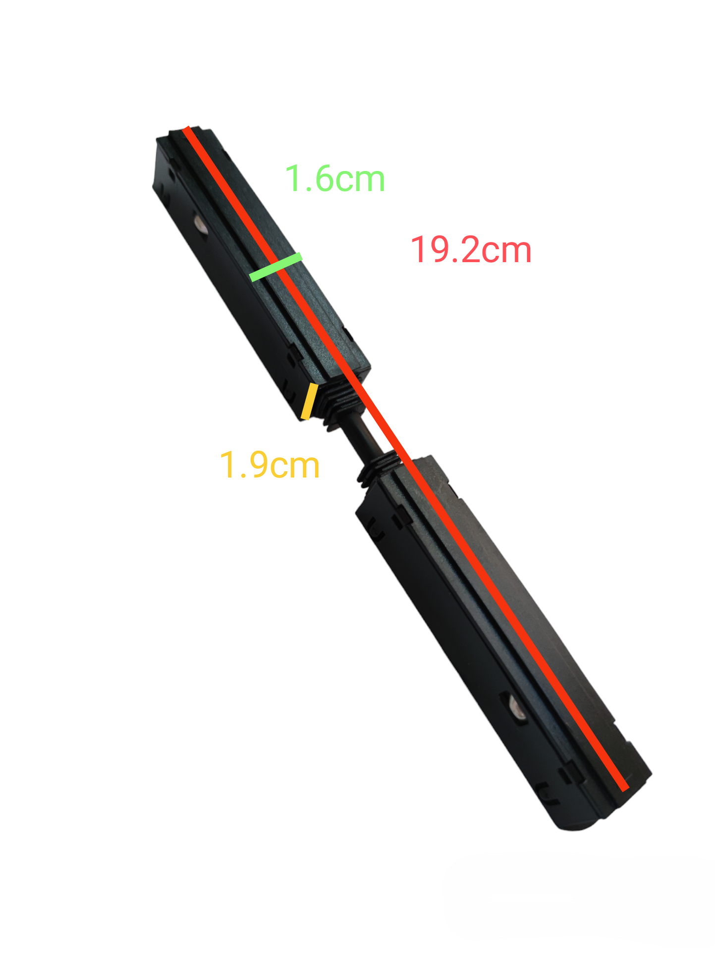 ILLUMIQ TERRA black track light conductive connector with dimensions displayed for electrical circuitry