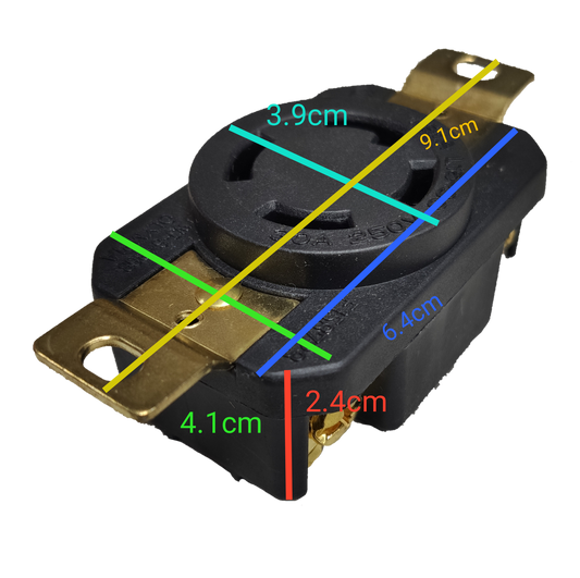 Grippes 30A twist lock outlet NEMA L6. Black heavy duty receptacle with brass terminals for industrial power